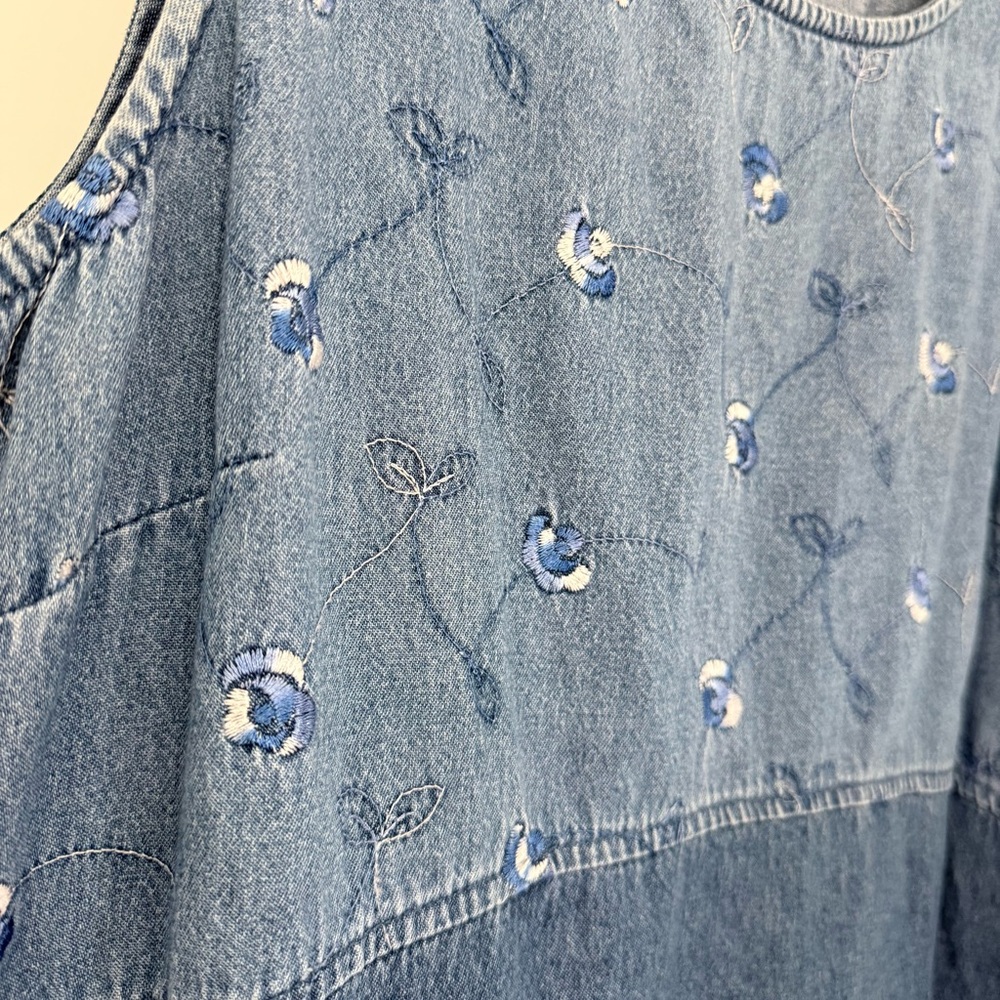 Embroidered Denim Maxi Dress Sleeveless Scoop Neck Size L - Picture 4 of 10